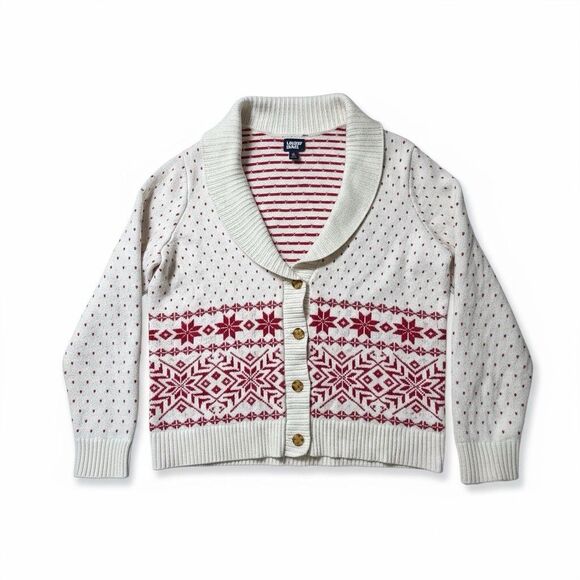 Land’s End Cardigan Fair Isle Cotton Knit Medium White Red Snowflake Xmas Cozy - Picture 1 of 9
